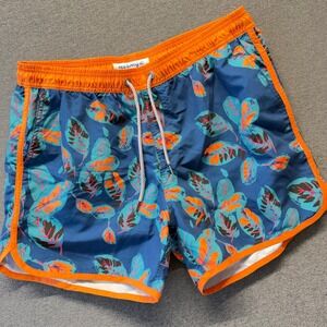Maamgic Mens Swim Trunks Blue Orange Tropical Leaf Print Mesh Lined Size L